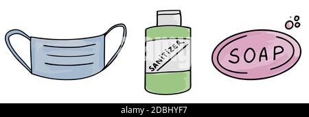 Medizinische Gesichtsmaske, Desinfektionsmittel, Seife Ikonen trendige Farbe Kritzeleien auf weißem Hintergrund isoliert, Schriftzug, Kalligraphie, Text. Schutz vor Stock Vektor