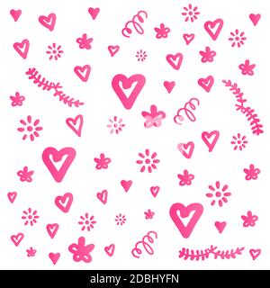 Vektorset Elemente auf weißem Hintergrund isoliert. Rosa Linien Einfache Kontursymbole. Doodle handgezeichnete Herzen, Blumen. Stock Vektor