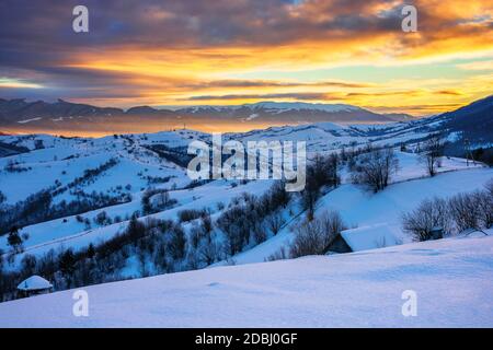 Winterlandschaft in Bergen bei Sonnenaufgang. Schöne ländliche Gegend der karpaten mit schneebedeckten Hügeln. Glühende Wolken am Himmel. Frostiger Wein Stockfoto