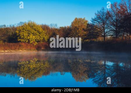 See mit Nebel und Baumreflexionen am frühen Morgen im Texas Park Stockfoto