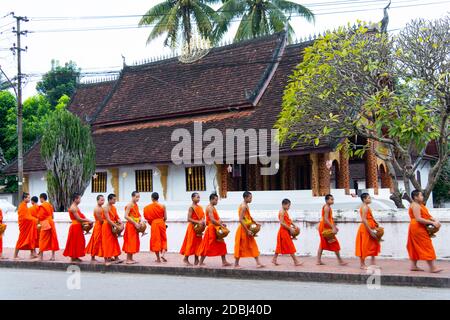 Buddhistische Mönche erhalten Reis von Einheimischen während eines täglichen Rituals am frühen Morgen, bekannt als Sai bat (Morgenalmosen) in Luang Prabang, Laos Stockfoto