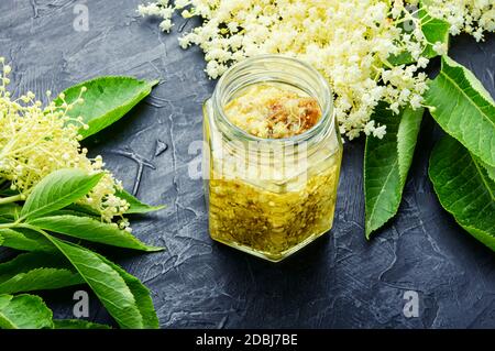 Heilende Tinktur ist Medizin aus Holunderblüten hergestellt.Kräutermedizin Stockfoto