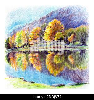 Farbstifte Skizze von sonnigen Herbst karpaten See und Wald Stockfoto