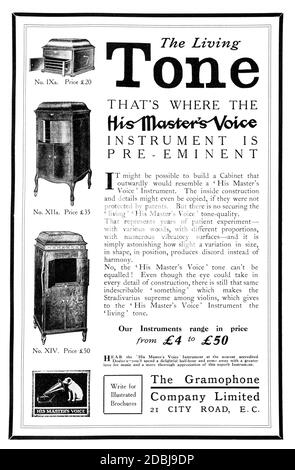 1914 His Master’s Voice Gramophone Werbung aus dem Studio an Illustrated Magazine of Fine and Applied Art Stockfoto