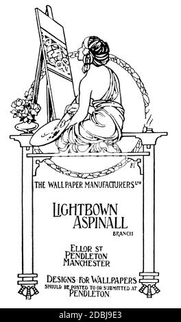 Frau an der Staffelei, handgezeichnete Werbung für Lightbown Aspinall of Manchester, von 1912 The Studio an Illustrated Magazine of Fine and Applied Art Stockfoto