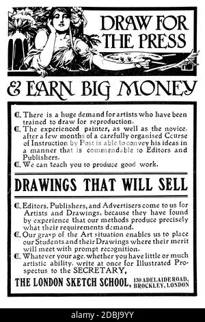 Zeichnen Sie für die Presse und verdienen Sie großes Geld, Werbung für die London Sketch School, Korrespondenz Kurs von 1912 The Studio an Illustrated Magazine Stockfoto