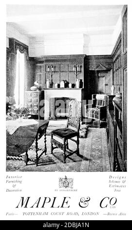 Maple & Co, Wohnzimmermöbel Werbung von 1912 das Studio ein Illustriertes Magazin für schöne und angewandte Kunst Stockfoto