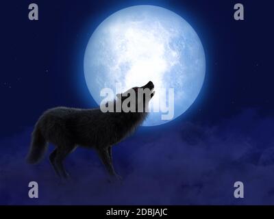 3D-Rendering eines schwarzen Wolfs oder Werwolf mit glühenden roten Augen heulend auf den großen Mond. Sterne am Nachthimmel, Nebel auf dem Boden. Stockfoto