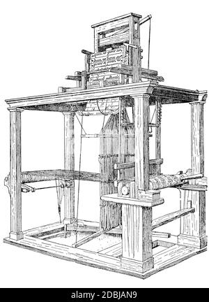 1804 original Jacquard Loom, 1923 Linienillustration aus historischen Textilstoffen von Richard Glazier Stockfoto