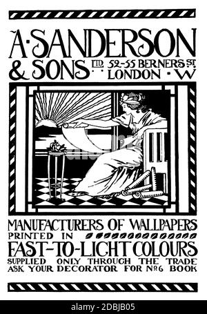 Ill787 Hand gezeichnet klassisch gekleidete Frau Blick auf Scroll-Design-Werbung für EINE Sanderson & Sons, Tapetenhersteller aus Chiswick, London Stockfoto