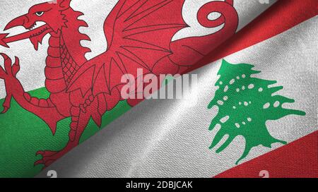 Wales und Libanon zwei Flaggen Textiltuch, Stoff Textur Stockfoto