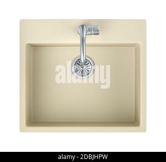 Küchenspüle und Wasserhahn isoliert auf weißem Hintergrund, Draufsicht Stockfoto