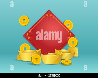 Chinesischer Goldbarren und Münze vor leerem rotem Papier auf grünem Hintergrund. Vektor-Illustration für Grußkarte, Flyer, Banner, Web und viele Stock Vektor