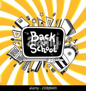 Briefpapier-Kollektion. Umrissstil. Zurück zur Schule dünne Linie Vektor Doodle Illustration Vorlage isoliert auf verdrehtem Hintergrund. Skizzenvektor Stock Vektor