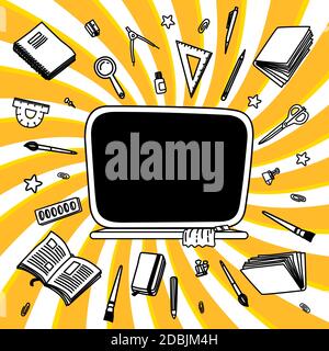 Briefpapier-Kollektion. Umrissstil. Zurück zur Schule dünne Linie Vektor Doodle Illustration Vorlage isoliert auf verdrehtem Hintergrund. Skizzenvektor Stock Vektor