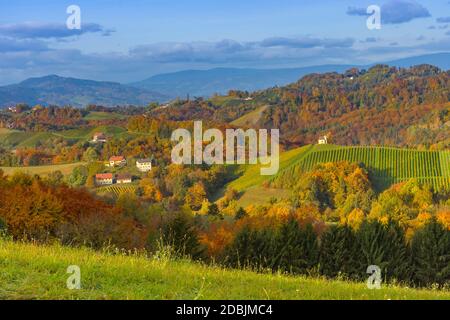 Charmante kleine Kirche in der Südsteiermark (Österreichische Toskana), eine berühmte Region an der Grenze zwischen Österreich und Slowenien mit sanften Hügeln, Weinbergen, Stockfoto