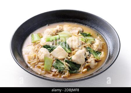 Chinesische Küche mabo tofu in einem Gericht auf weißem Hintergrund, japanischer Stil, Stockfoto