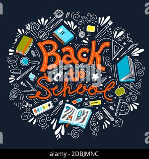 Briefpapier-Kollektion. Umrissstil. Zurück zur Schule dünne Linie Vektor Doodle Illustration Vorlage. Skizzenhafte Vektorkonzepte mit Briefpapier für Stock Vektor