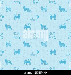 Nahtloses Muster mit niedlichen lustigen Katzen. Stoffkatzenmuster. Lustige Katzen Hintergrund. Einfarbiges Stoffmuster. Katzenmusterverpackung. Kätzchen-Muster Stock Vektor