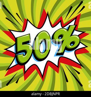 Green Sale Webbanner. Pop Art Comic Verkauf Rabatt Werbebanner. Großer Verkaufshintergrund. Sale 50 Rabatt auf ein Comics Pop-Art-Stil Knall Form auf grün Stock Vektor