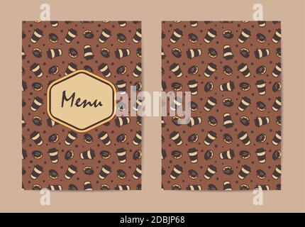 Menüvorlage. Broschüre zum Kaffeestaurant, Menügestaltung des Coffee Shops. Vektor-Café-Vorlage mit handgezeichneten Muster. Kaffee-Flyer. Doppelseitiges Menü Stock Vektor