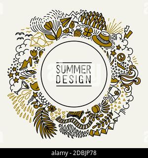 Sommer schwarz und Gold handgezeichnete runde dünne Linie Postkarte. Saisonale Begrüßung mit Wort Sommer. Doodle Sommerkarte mit floralen Elementen, Blumen, Sonne Stock Vektor