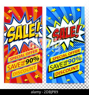 Webbanner für den Verkauf. Set von Pop Art Comic Verkauf Rabatt Werbebanner. Großer Verkaufshintergrund. Dekorative Hintergründe mit Bombe explosiv. Comics Pop Stock Vektor