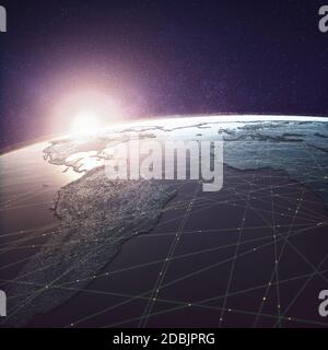 Globalisierte Welt, digitale Technologie. Verbindungen und Cloud Computing in der virtuellen Welt. Weltkarte mit Satellitendatenverbindungen. Anschlussmöglichkeiten AC Stockfoto