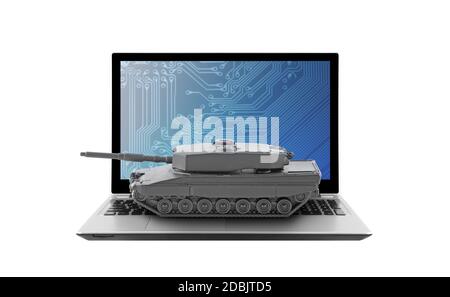 Tank auf Laptop isoliert auf weißem Hintergrund Stockfoto