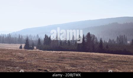 Berglandschaft bei Sonnenaufgang, farbiges Bild, Isergebirge, Polen. Stockfoto