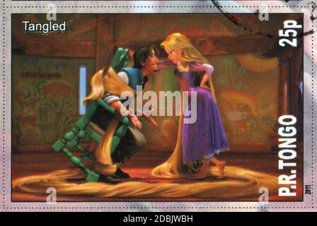 TONGO - UM 2011: Briefmarke gedruckt von Tongo, zeigt Walt Disney Zeichentrickfigur, verwickelt, um 2011 Stockfoto