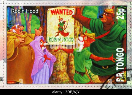 TONGO - UM 2011: Briefmarke gedruckt von Tongo, zeigt Walt Disney Zeichentrickfigur, Robin Hood, um 2011 Stockfoto