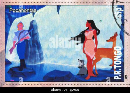 TONGO - UM 2011: Briefmarke gedruckt von Tongo, zeigt Walt Disney Zeichentrickfigur, Pocahontas, um 2011 Stockfoto