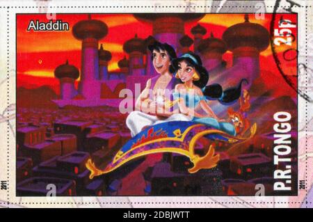 TONGO - UM 2011: Briefmarke gedruckt von Tongo, zeigt Walt Disney Zeichentrickfigur, Aladdin, um 2011 Stockfoto