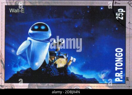 TONGO - UM 2011: Briefmarke gedruckt von Tongo, zeigt Zeichentrickfigur, Wall-E, um 2011 Stockfoto