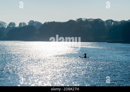 Frau aktiv im SUP, Stand-Up-Paddling am Selker Noor See, Busdorf bei Schleswig, Schleswig-Holstein, norddeutschland, Mitteleuropa Stockfoto