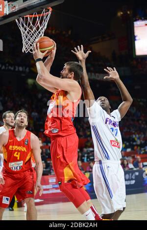 Marc Gasol (Spanien) gegen Frankreich. Basketball-Weltmeisterschaft Spanien 2014 Stockfoto