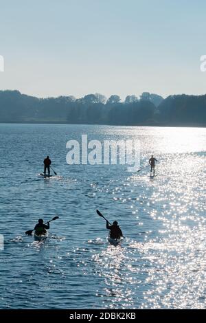 Kanu und Aktivität SUP, Stand-Up-Paddling auf dem Selker Noor See, Busdorf bei Schleswig, Schleswig-Holstein, Norddeutschland, Mitteleuropa Stockfoto