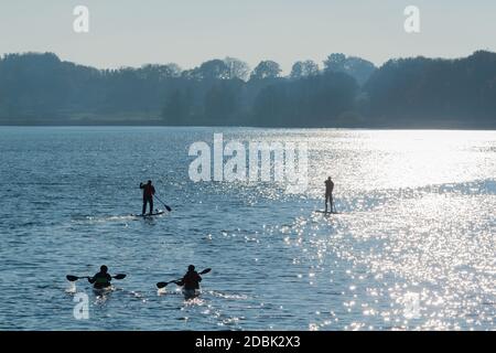 Kanu und Aktivität SUP, Stand-Up-Paddling auf dem Selker Noor See, Busdorf bei Schleswig, Schleswig-Holstein, Norddeutschland, Mitteleuropa Stockfoto