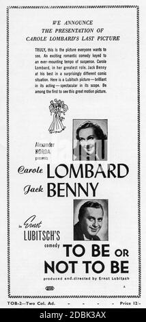 CAROLE LOMBARD UND JACK BENNY IN ZU SEIN ODER NICHT 1942 Regisseur ERNST LUBITSCH Originalgeschichte Melchior Lengyel Drehbuch Edwin Justus Mayer Moderator Alexander Korda Romaine Film Corporation / Vereinte Künstler Stockfoto