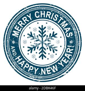 Weihnachtsstempel auf weißem Hintergrund. Grunge-Oberfläche. Schneeflocke in der Mitte des Eiszapfens. Vektorgrafik. Frohe Weihnachten und Frohe Neujahrsschrift Stock Vektor