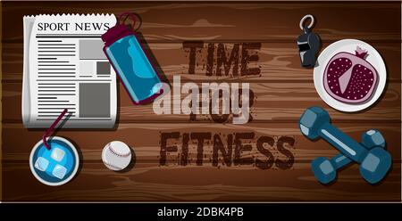 Draufsicht auf einen Holztisch mit Sportgeräten. Geben Sie die Zeit für Fitness an. Sportfächertisch mit Hanteln, Wasserflasche, Baseball, Pfeife, Obst, Sportzeitung. Brutal helle Illustration für eine Männer s Postkarte, Banner, Website oder Anzeige. Vektorgrafik im flachen Stil. Stock Vektor