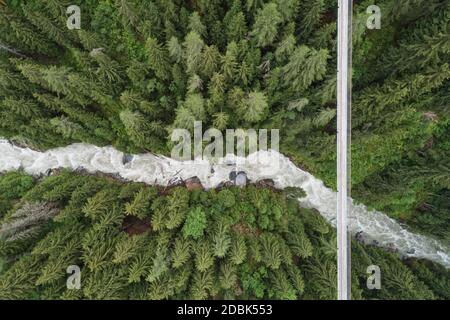 Luftaufnahme des Flusses durch Wald, Ernen, Wallis, Schweiz Stockfoto