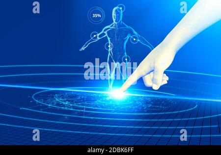 Technologien und digitale Apps, die die menschliche Gesundheit beeinflussen. Medizin. 3d-Rendering. Menschliche Anatomie und Kontrolle aller lebenswichtigen Funktionen. Klicken mit dem Finger Stockfoto