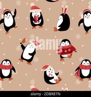 Weihnachtliche Nahtloses Muster mit niedlichen Pengiuns. Weihnachtsdruck. Vektorgrafik. Stock Vektor