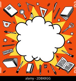 Zurück zur Schule Vektor Hintergrund. Cartoon Comics leer bang Rede Blase mit Linie skizzenhaft Briefpapier. Stock Vektor