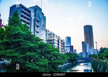 Frisches Grün und die Straßen des Meguro River. Aufnahmeort: Metropolregion Tokio Stockfoto