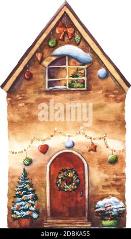 Aquarell-Illustration mit dekorierten Weihnachtshaus. Handgezeichnetes festliches Haus für Postkarten, Poster, Souvenirs und Dekorationen Stock Vektor