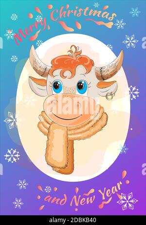 Neujahrskarte. Frohe Weihnachten und Frohes neues Jahr. Farbenfrohe, festliche Illustration. Niedlicher Stier in einem Schal. Schnee und Eis. Verlaufshintergrund. Stock Vektor