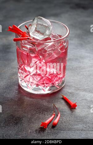 Kosmopolitischer Cocktail in einem Glas mit rosa Blumen close up auf grauen Tisch dekoriert Stockfoto